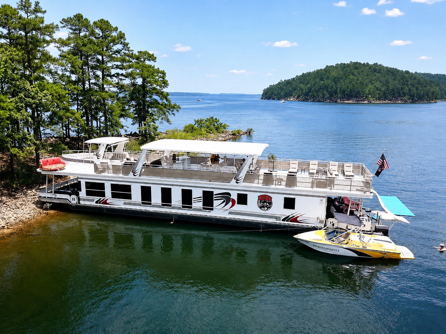 Aerial view of the Sharpe houseboat anchored on Lake DeGray
